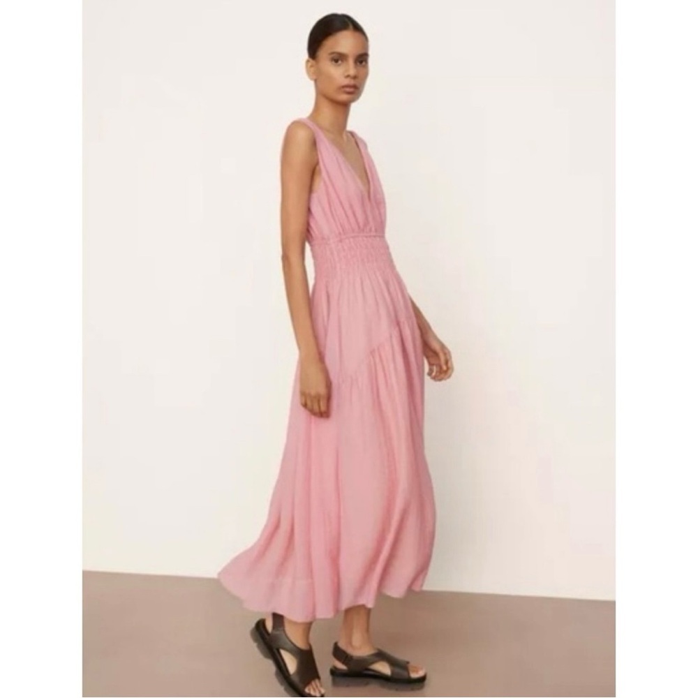 Vince V-Neck Midi Sleeveless Rose Smocked Lined Dress